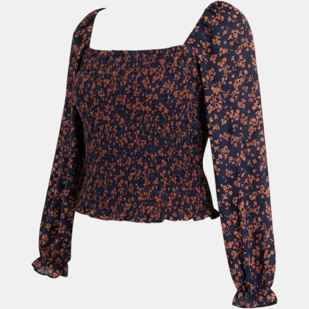 Lush Top L Navy Orange Floral Smocked Crop‎ Top Square Neck Boho Cottagecore EUC